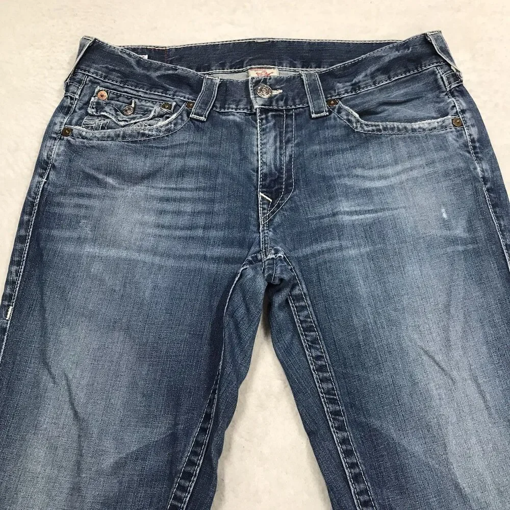 TRUE RELIGION Ricky Jean Men 34(36x28) Light Wash Whisker Distressed Flap Pocket